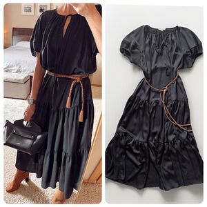 $998 Lafayette 148 New York shiny black belted tiered midi dress pleated xs/s